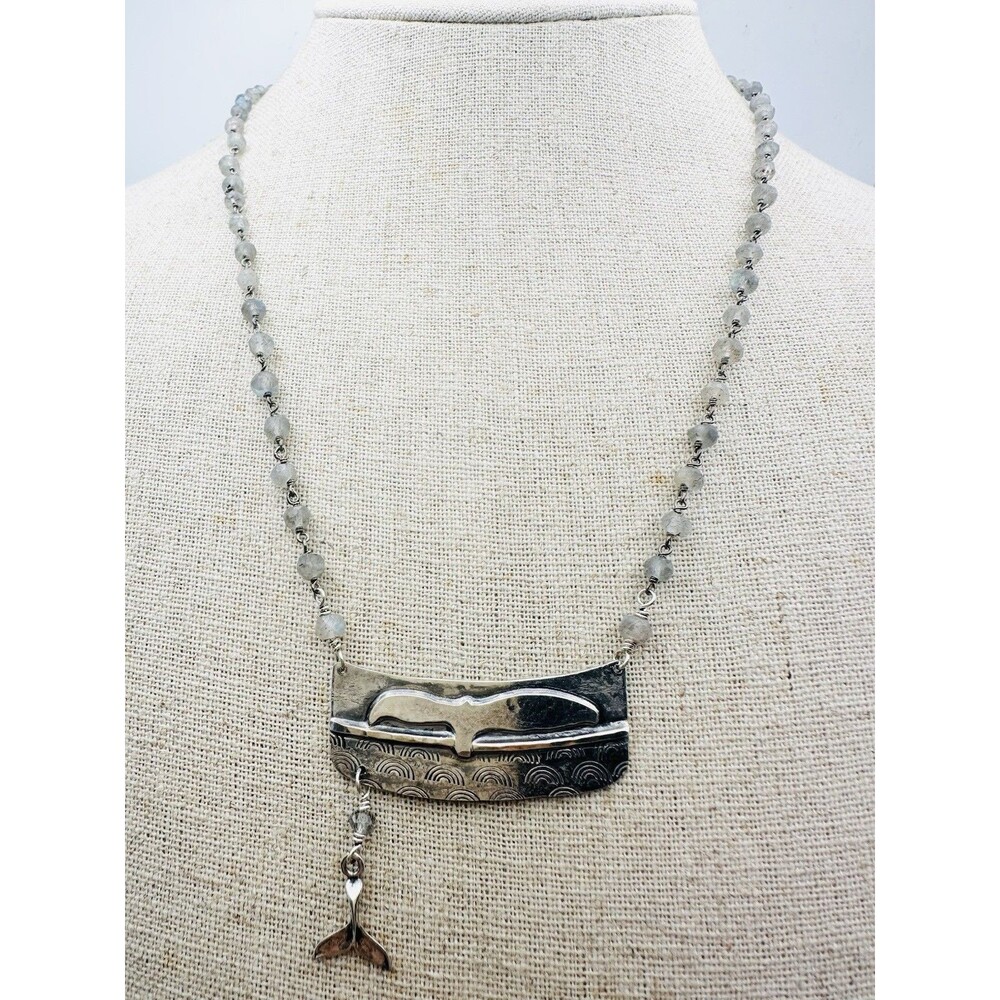 925 Sterling Silver Whale Tail Pendant Necklace Labradorite Beaded 19”